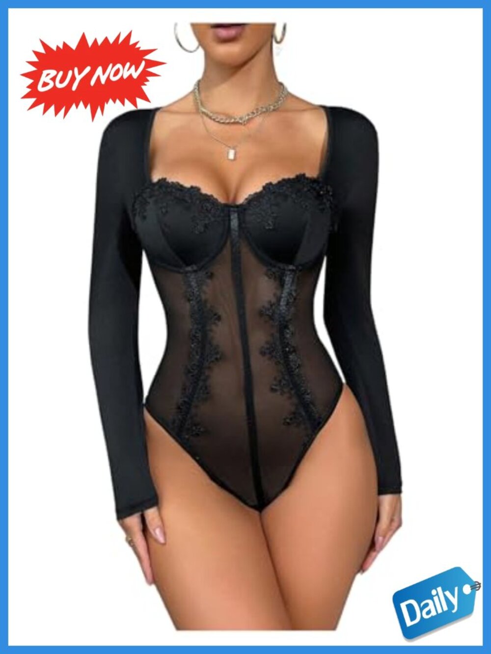 Lace Mesh Long Sleeve Corset Bodysuit Top
